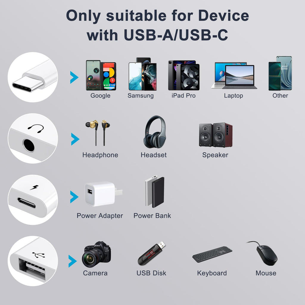 USB C to 3.5mm Headphone Adapter with OTG & 60W PD Charging for iPhone 15 16, Samsung S22 S21, iPad Pro, Pixel