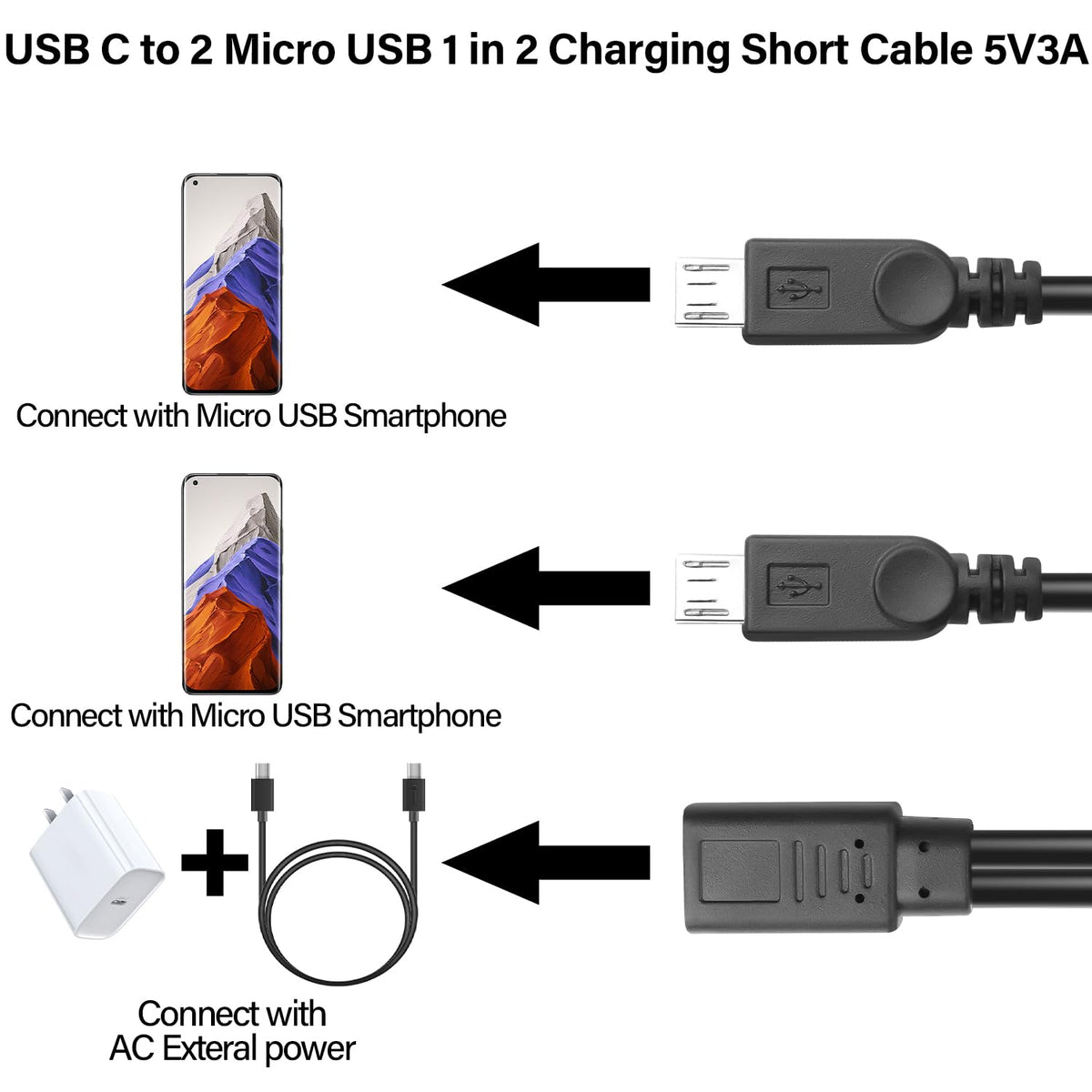 USB-C Female to Dual Micro USB Male Y Splitter Charging Cable 5V 3A – Charge 2 Micro USB Devices Simultaneously 30cm