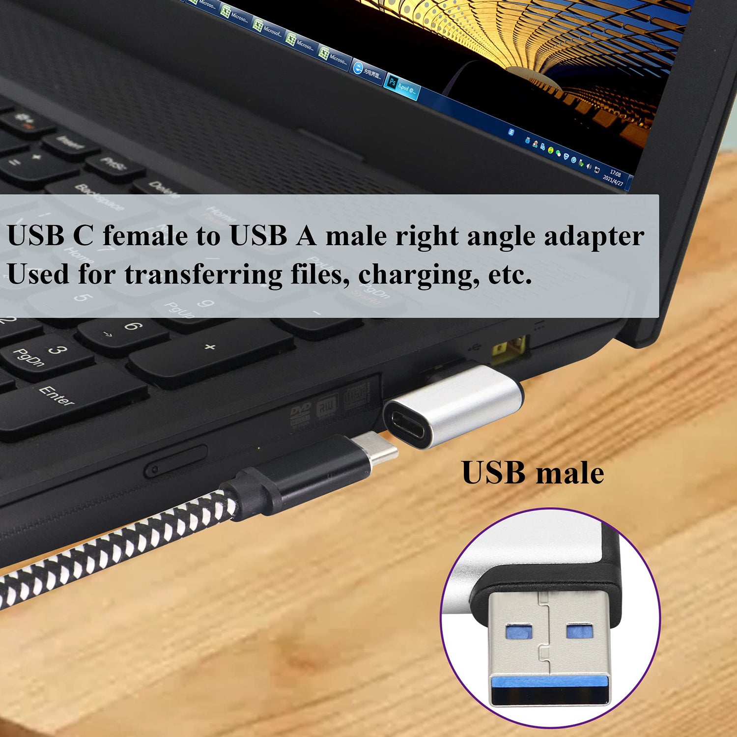 Right Angle USB C to USB A 3.0 Adapter 90 Degree USB Type C Female to USB 3.0 A Male Converter (OTG) for PC Laptops Power Banks Chargers More USB and Type-C Devices