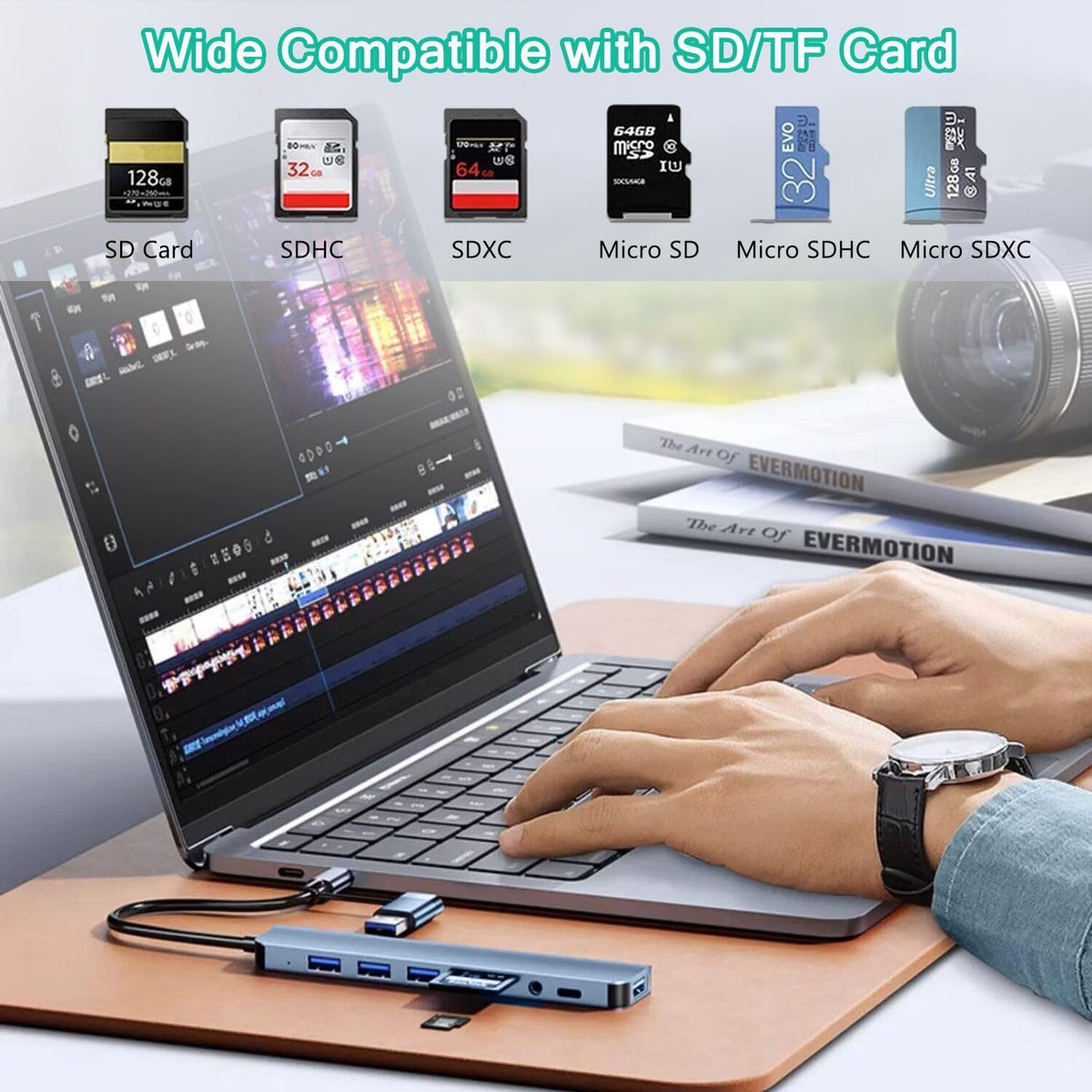 8-in-1 USB Hub Dual Plug USB-A & USB-C – USB 3.0 + USB 2.0 + SD/TF Card Reader + 3.5mm Audio Jack Aluminum for MacBook Laptop PC