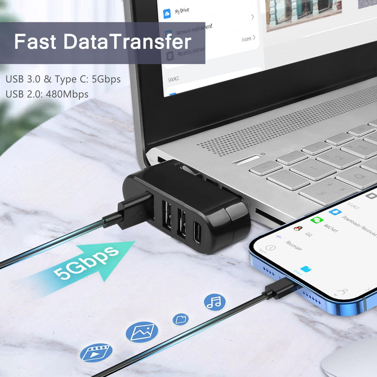 4-Port USB Hub 180° Rotatable – USB 3.0 + USB 2.0 + USB-C Power Input Plug and Play for USB-A Devices Black White Orange Blue
