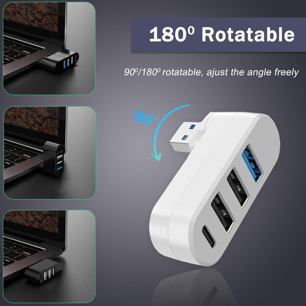 4-Port USB Hub 90°/180° Rotatable – USB 3.0 + USB 2.0 + USB-C Data Port Plug and Play for USB-A Devices Black White Blue Orange