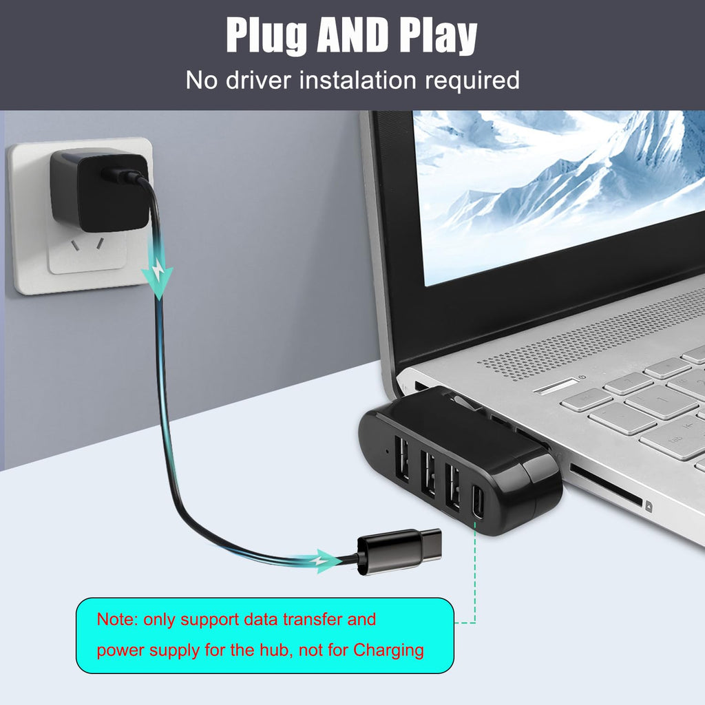 4-Port USB C Hub 90°/180° Degree Rotatable USB C Adapter Splitter with PD-in 5W Port USB Extender for MacBook iMac Surface and More C Port Laptop Not for Car