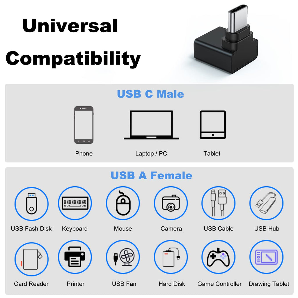 USB-C Male to USB-A Female Adapter 90° Up-Down Angle – USB 3.0 5Gbps 15W Aluminum Alloy with Lanyard Hole for USB-C Devices