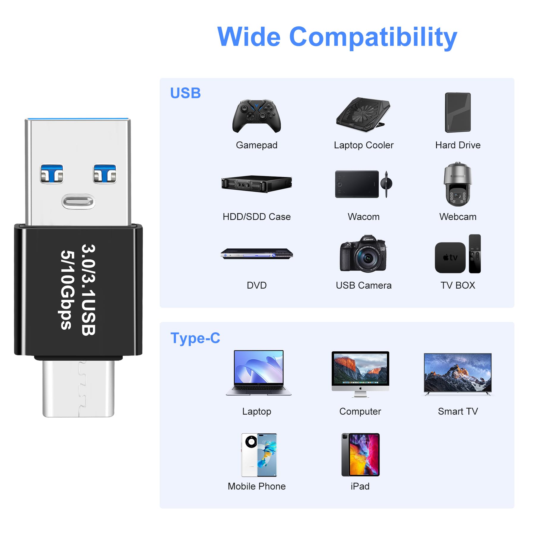 USB 3.0/3.1 Male to USB-C Male Adapter OTG 3.0/3.1 USB A to Type-C Adapter Fast Data Transfer up to Gen2 10Gbps USB C Connector Connection or Data Cable Extension