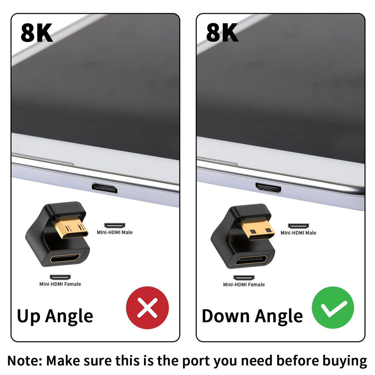 Mini HDMI-Compatible Male to Female Adapter Up & Down Angle – 8K@60Hz 4K@120Hz 48Gbps LED Indicator for Camera Camcorder