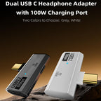 USB-C 2-in-1 Splitter Adapter – Dual USB-C Headphone and Charger 10Gbps 100W PD USB 3.2 Audio Dongle for USB-C Devices White