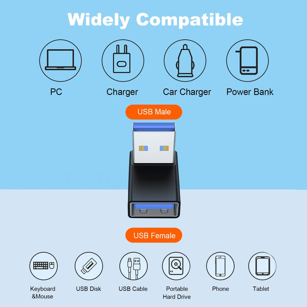 90 Degree USB-A Male to Female Adapter Up & Down Right Angle – USB 3.0 5Gbps 15W Charging Aluminum for PC Laptop Charger Power Bank