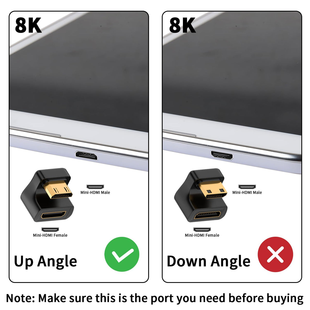 Mini HDMI-Compatible Male to Female Adapter Up & Down Angle – 8K@60Hz 4K@120Hz 48Gbps for Camera Camcorder Laptop Tablet