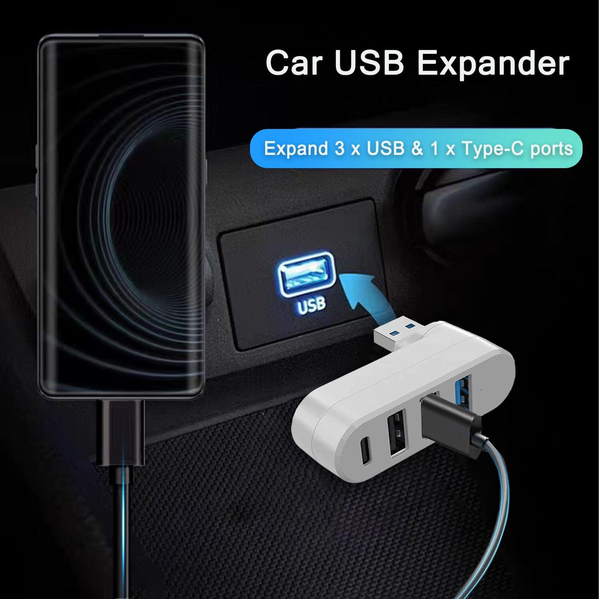 4-Port USB Hub 90°/180° Rotatable – USB 3.0 + USB 2.0 + USB-C Data Port Plug and Play for USB-A Devices Black White Blue Orange
