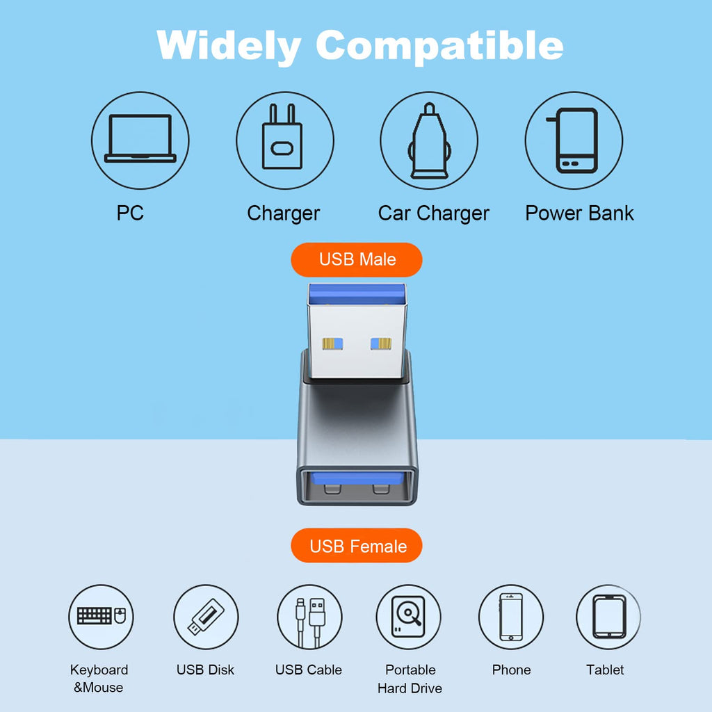 90 Degree USB-A Male to Female Adapter Up & Down Right Angle – USB 3.0 5Gbps 15W Charging Aluminum for PC Laptop Charger Power Bank