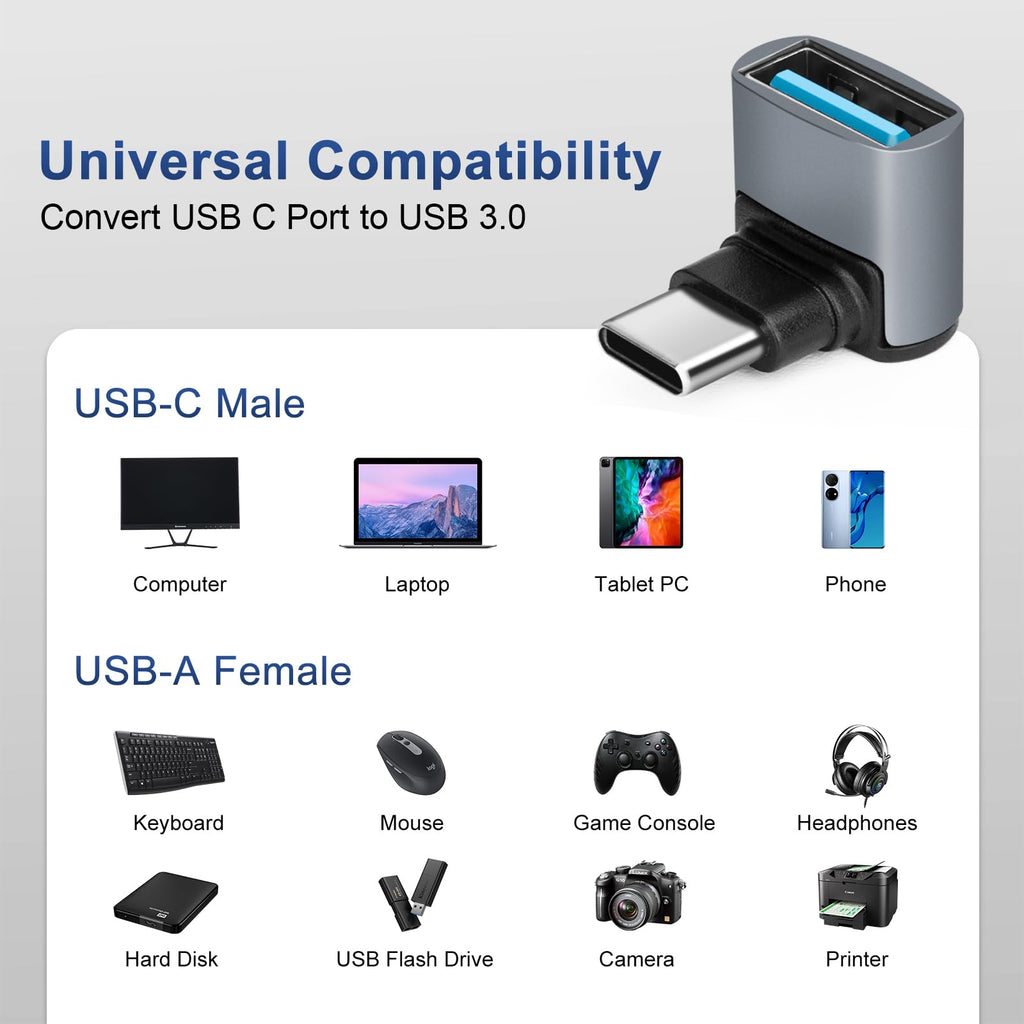 90 Degree USB C to USB 3.1 OTG Adapter Right Angled USBC Type C Male to USB Female Adapter 10G Data Transfer for Smartphone Tablet Laptop