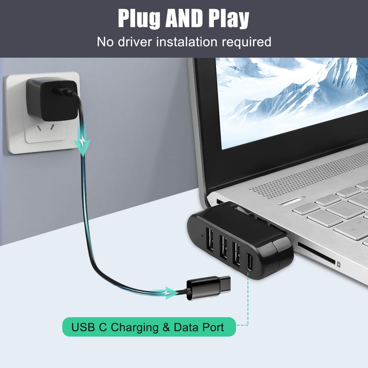 4-Port USB Hub 180° Rotatable – USB 3.0 + USB 2.0 + USB-C Power Input Plug and Play for USB-A Devices Black White Orange Blue