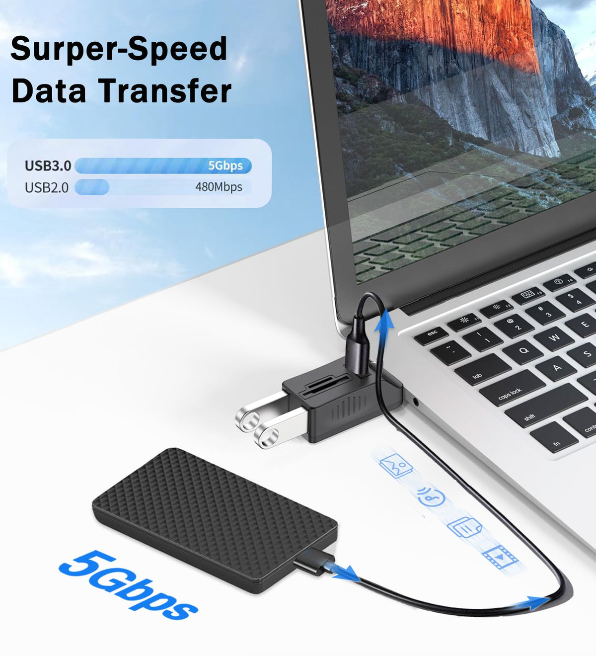 5-in-1 USB 3.0 Hub with SD/TF Card Reader – 1×USB 3.0 + 2×USB 2.0 Ports Portable USB Splitter for Laptop PC Camera Dash Cam