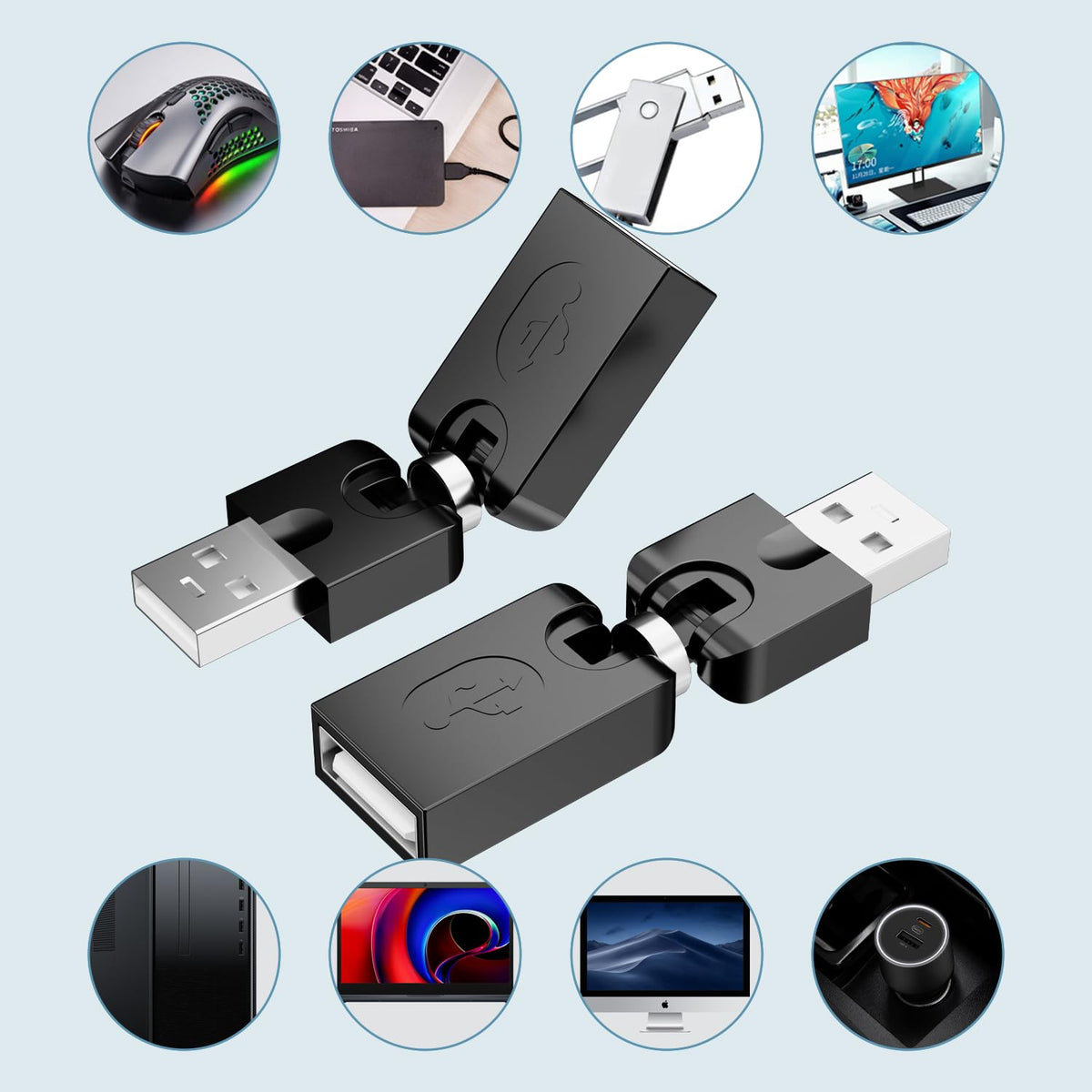 360° Rotating USB 2.0 Male to Female Adapter 90° Foldable Extension Converter – Compatible with Laptop, PC, TV, Hard Drive