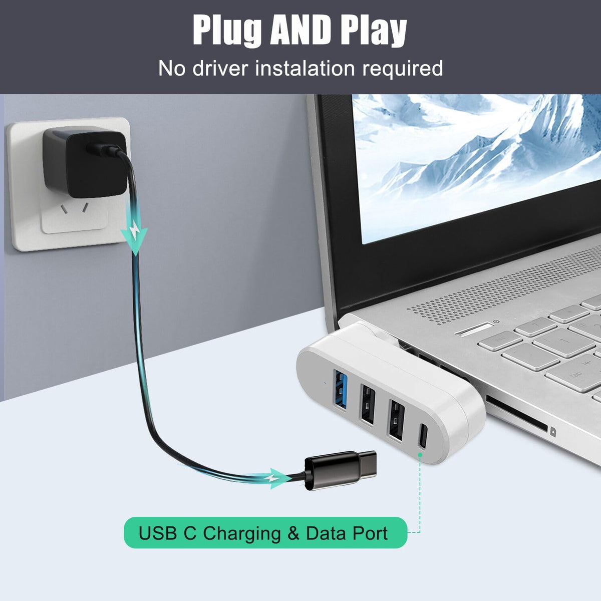 4-Port USB Hub 90°/180° Rotatable – USB 3.0 + USB 2.0 + USB-C Data Port Plug and Play for USB-A Devices Black White Blue Orange