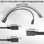 USB-C Female to Dual Micro USB Male Y Splitter Charging Cable 5V 3A – Charge 2 Micro USB Devices Simultaneously 30cm