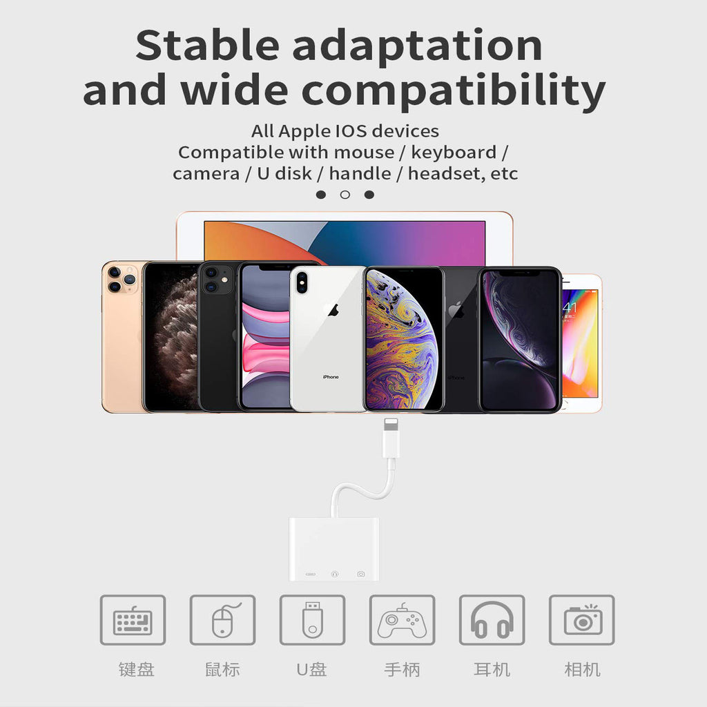 3-in-1 Lightning-Compatible to USB-A OTG + 3.5mm Audio + Charging Adapter – Headphone Jack Splitter for iPhone iPad iOS 9.2–13+
