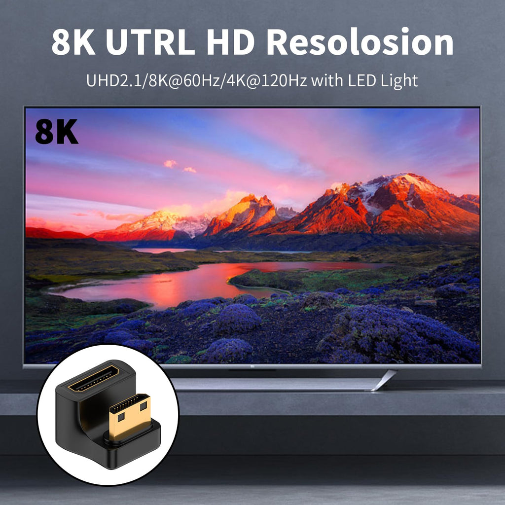 Mini HDMI-Compatible Male to Female Adapter Up & Down Angle – 8K@60Hz 4K@120Hz 48Gbps LED Indicator for Camera Camcorder