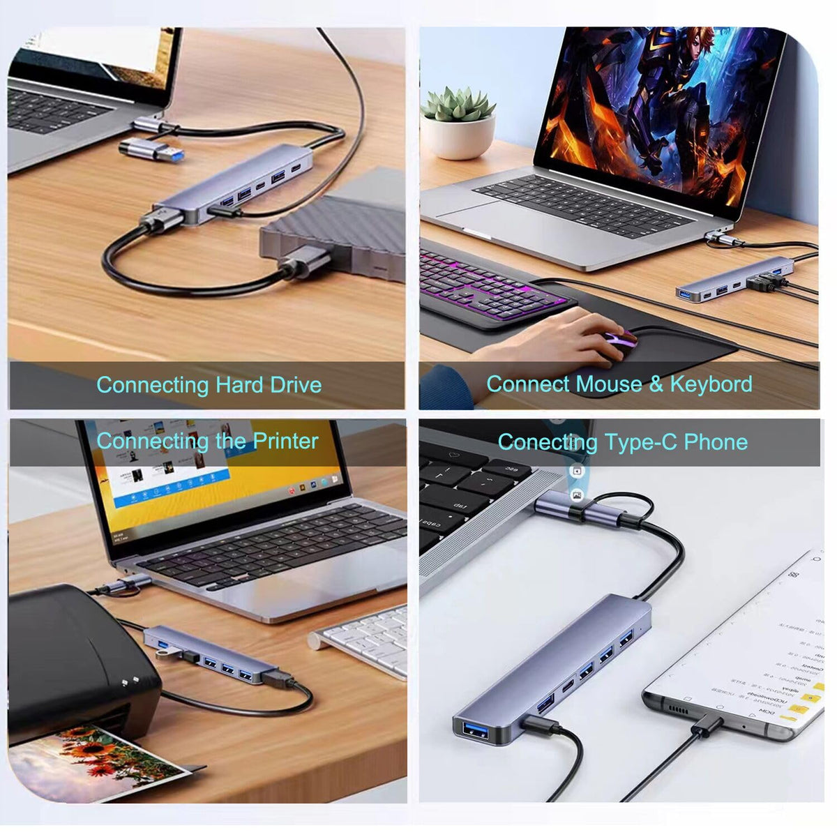 7-in-1 USB Hub Dual Plug USB-A & USB-C – 1×USB 3.0 + 4×USB 2.0 + 2×USB-C Aluminum for MacBook Pro Air iMac Laptop PC PS4