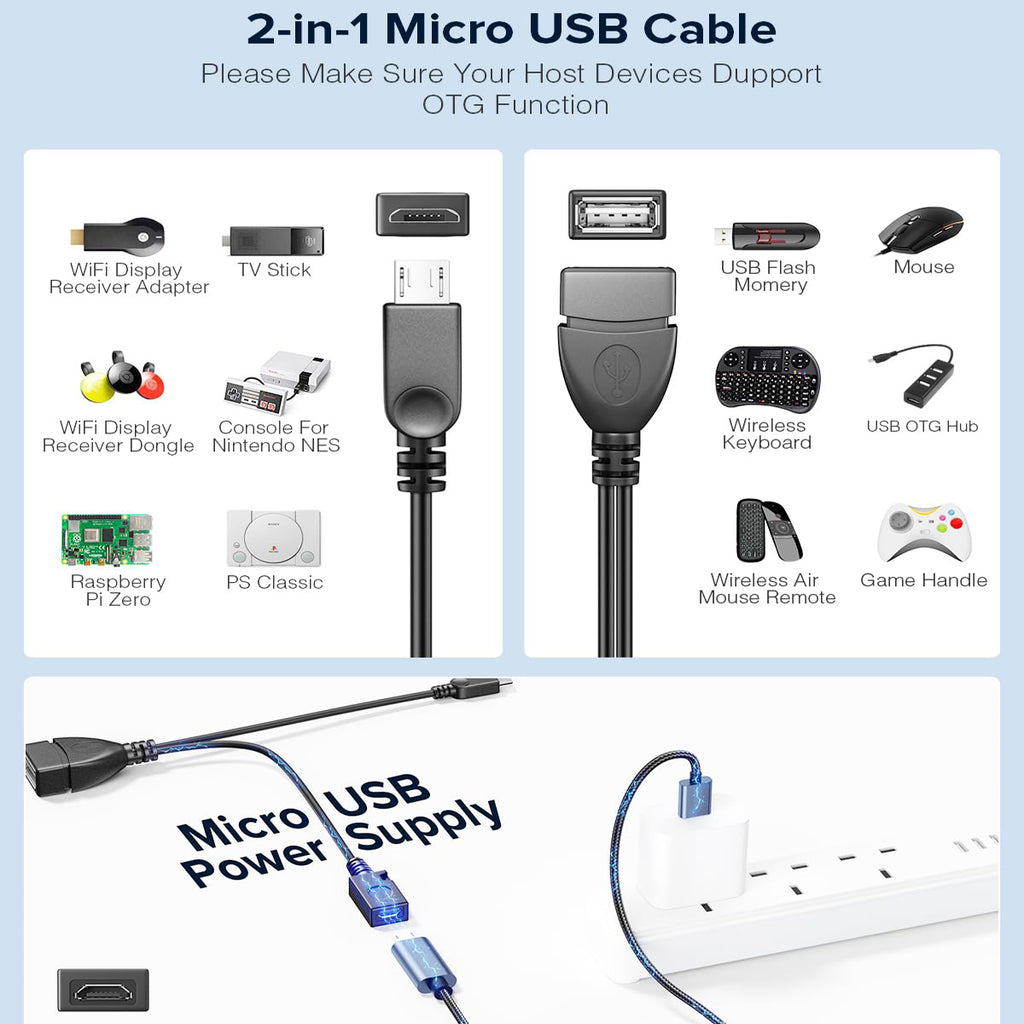 Micro USB OTG Cable with Power Supply 2-in-1 Adapter – Compatible with Fire TV Stick 4K, PlayStation Classic, Chromecast, Raspberry Pi