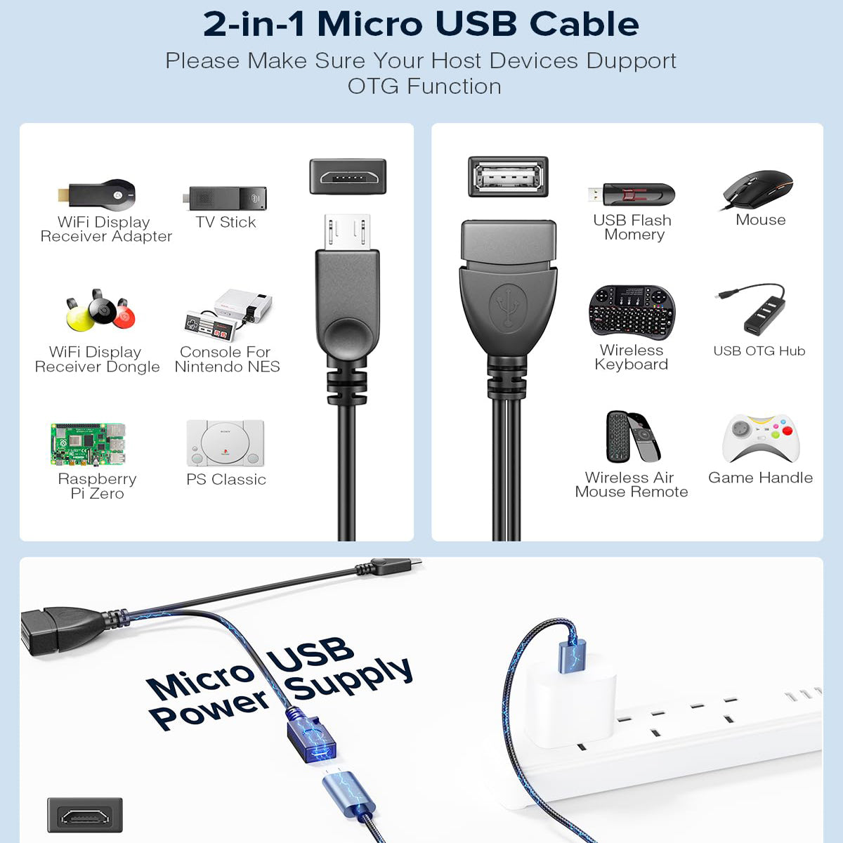 Micro USB OTG Cable with Power Supply 2-in-1 Adapter – Compatible with Fire TV Stick 4K, PlayStation Classic, Chromecast, Raspberry Pi