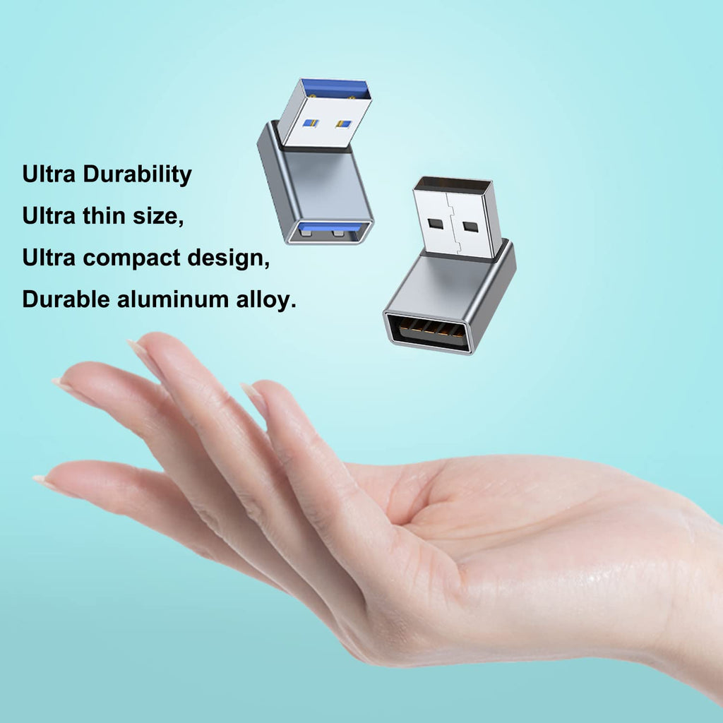 90 Degree USB-A Male to Female Adapter Up & Down Right Angle – USB 3.0 5Gbps 15W Charging Aluminum for PC Laptop Charger Power Bank