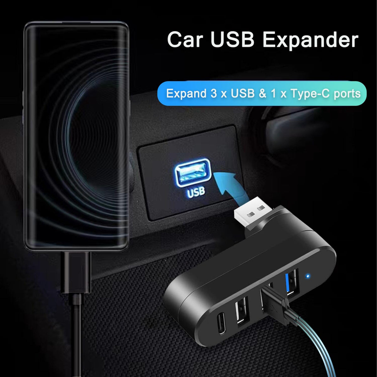 4-Port USB Hub 180° Rotatable – USB 3.0 + USB 2.0 + USB-C Power Input Plug and Play for USB-A Devices Black White Orange Blue