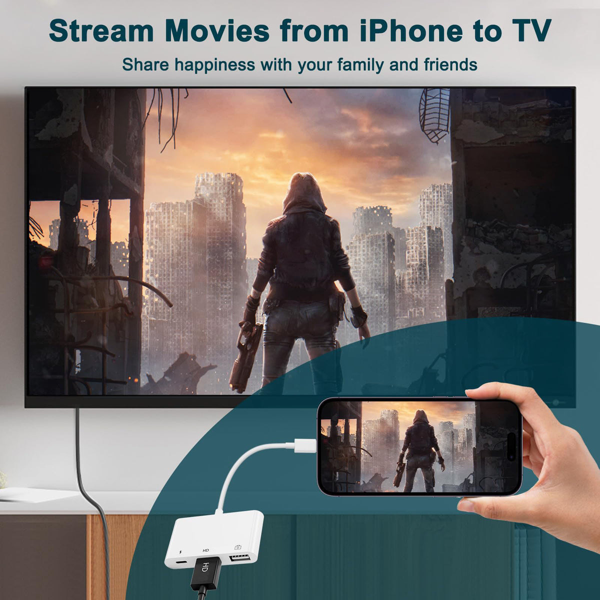 3-in-1 Lightning-Compatible to HDMI-Compatible + USB-A + Charging Adapter – 1080P Screen Mirror USB Camera OTG for iPhone 14/13/12/11/X/8/7/6/5