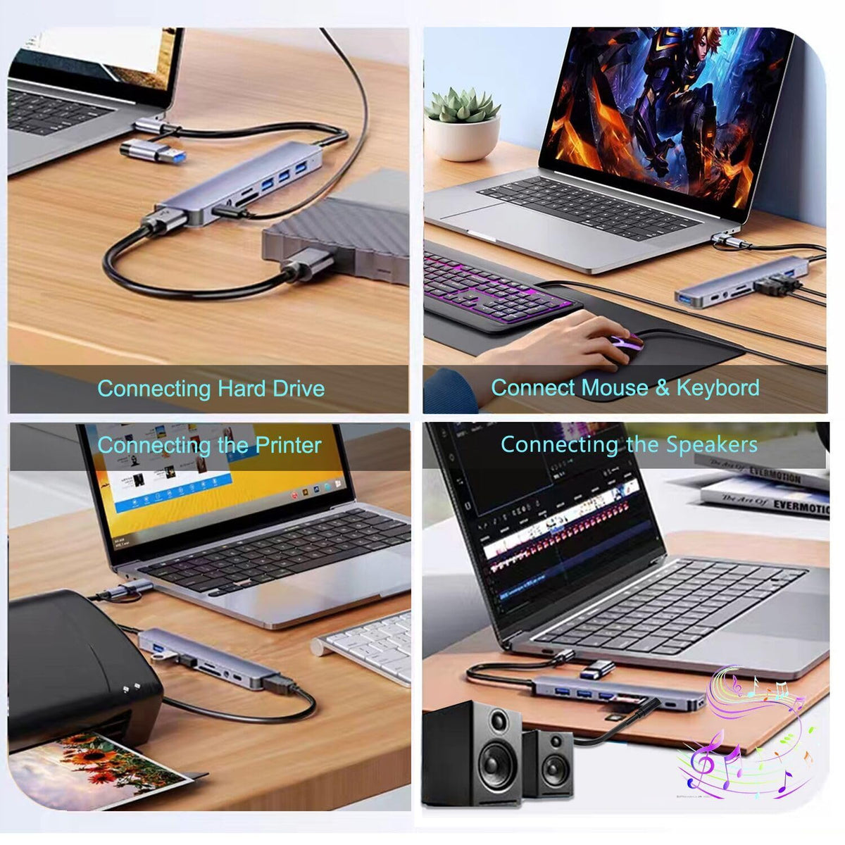 8-in-1 USB Hub Dual Plug USB-A & USB-C – USB 3.0 + USB 2.0 + SD/TF Card Reader + 3.5mm Audio Jack Aluminum for MacBook Laptop PC