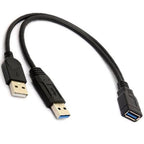 USB 3.0 Y Cable Female to Dual USB Male Splitter – Extra Power for 2.5" Portable Hard Drive USB 3.0 Data & USB 2.0 Power 30cm