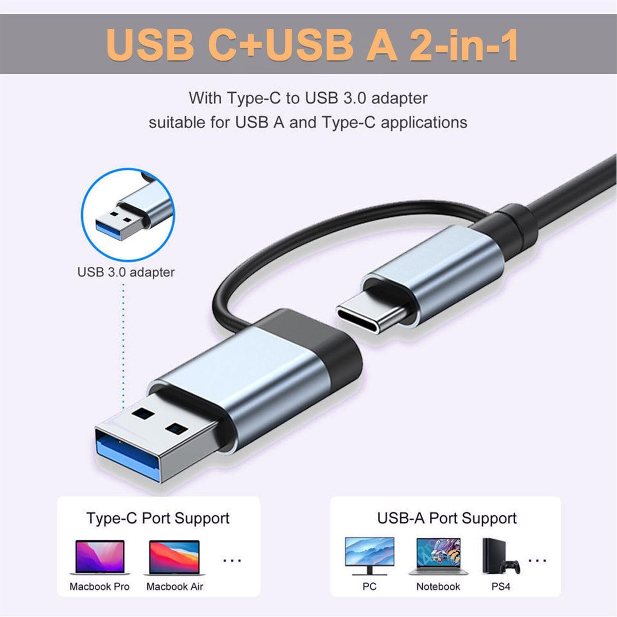 5-in-1 USB Hub Dual Plug USB-A & USB-C – 1×USB 3.0 + 2×USB 2.0 + SD/TF Card Reader Aluminum for MacBook Laptop PC iPad