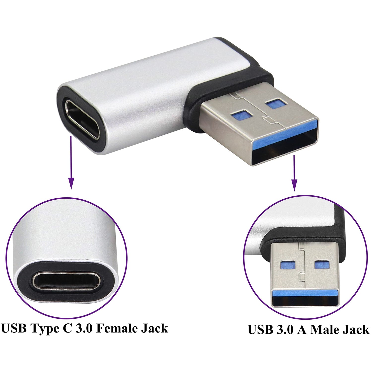 Right Angle USB C to USB A 3.0 Adapter 90 Degree USB Type C Female to USB 3.0 A Male Converter (OTG) for PC Laptops Power Banks Chargers More USB and Type-C Devices