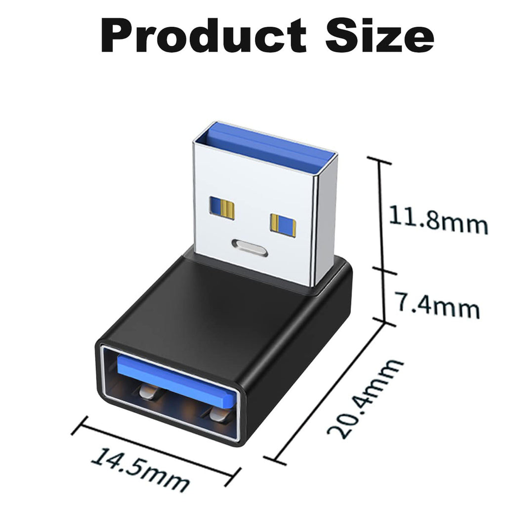 90 Degree USB-A Male to Female Adapter Up & Down Right Angle – USB 3.0 5Gbps 15W Charging Aluminum for PC Laptop Charger Power Bank