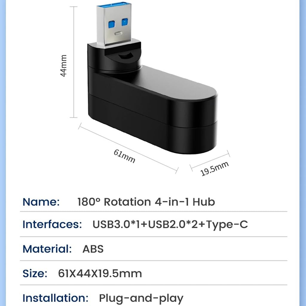 4-Port USB Hub 180° Rotatable – USB 3.0 + USB 2.0 + USB-C Power Input Plug and Play for USB-A Devices Black White Orange Blue