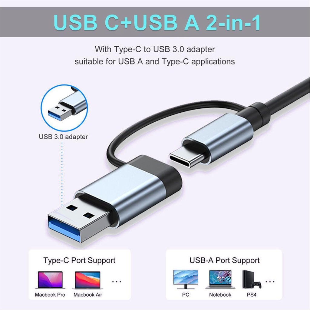 8-in-1 USB Hub Dual Plug USB-A & USB-C – USB 3.0 + USB 2.0 + SD/TF Card Reader + 3.5mm Audio Jack Aluminum for MacBook Laptop PC