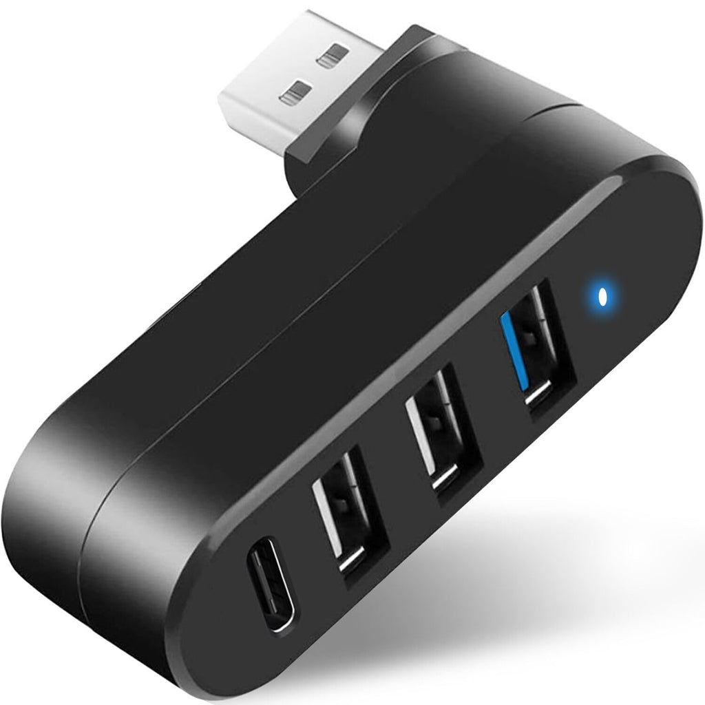 4-Port USB Hub 180° Rotatable – USB 3.0 + USB 2.0 + USB-C Power Input Plug and Play for USB-A Devices Black White Orange Blue