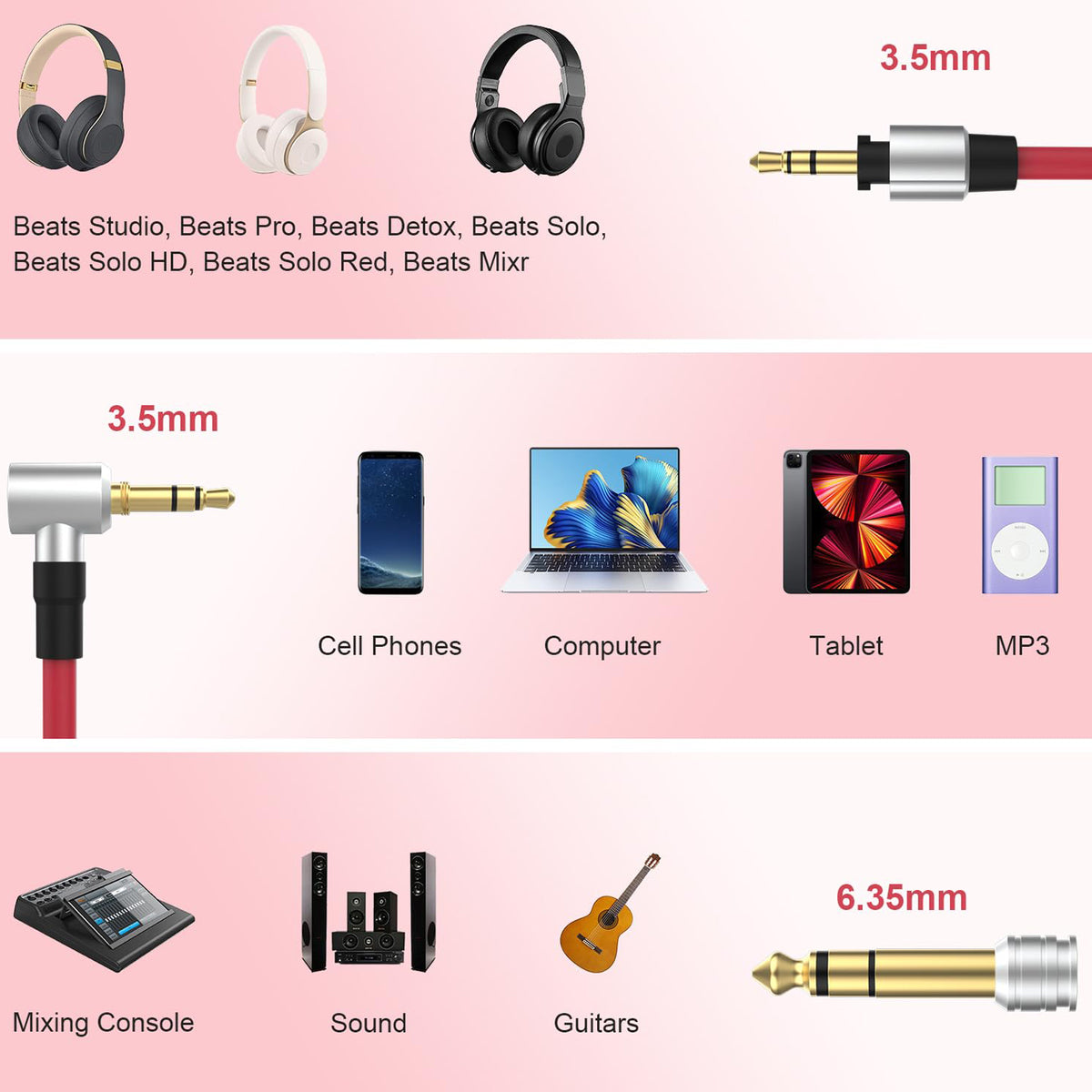 Coiled Replacement Audio Cable for Beats Pro Detox Solo HD Studio 3.5mm Right Angle to Straight Aux Cord with 6.35mm 6.5mm Adapter 1.8m Spring Wire