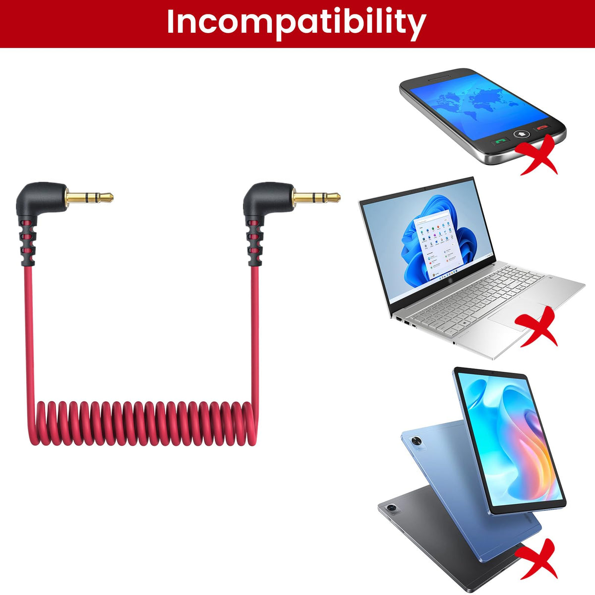 3.5mm TRS Male to Male Coiled Microphone Cable Right Angle Plug for Camera Wireless Mic Receiver DSLR Camcorder Compatible with Rode SC2