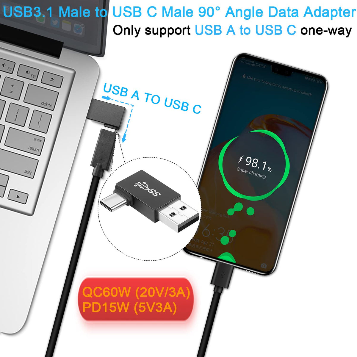 USB A Male to USB C Male 90 Degree Adapter 10Gbps Side Angle Type C Converter QC 60W PD 15W for Phone Laptop PC Charger Power Bank