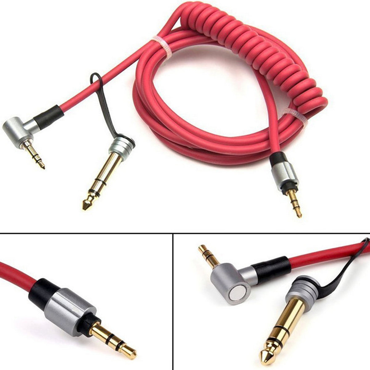 Coiled Replacement Audio Cable for Beats Pro Detox Solo HD Studio 3.5mm Right Angle to Straight Aux Cord with 6.35mm 6.5mm Adapter 1.8m Spring Wire