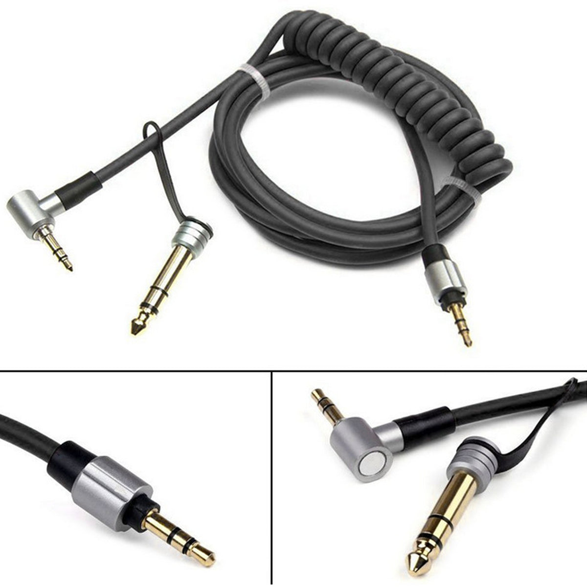 Coiled Replacement Audio Cable for Beats Pro Detox Solo HD Studio 3.5mm Right Angle to Straight Aux Cord with 6.35mm 6.5mm Adapter 1.8m Spring Wire