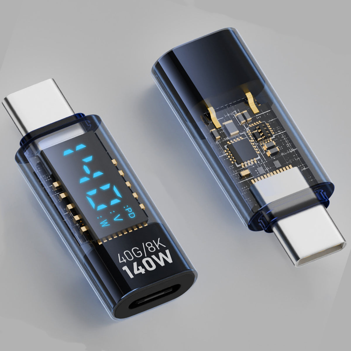 USB C Adapter LED Display 140W PD QC4 Fast Charging USB4 40Gbps 8K Video Transparent USB C Male to Female Power Meter for MacBook iPhone iPad
