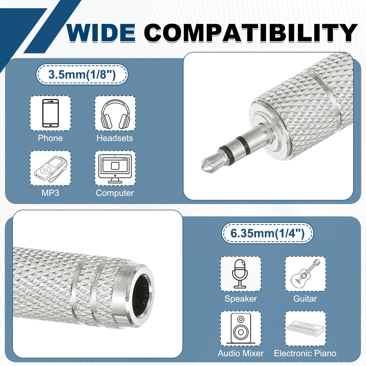 3.5mm to 6.35mm Audio Adapter 1/8 Male to 1/4 Female Stereo Headphone Jack Plug Converter TRS for PC Laptop Guitar Amp Speaker Mixing Console Receiver