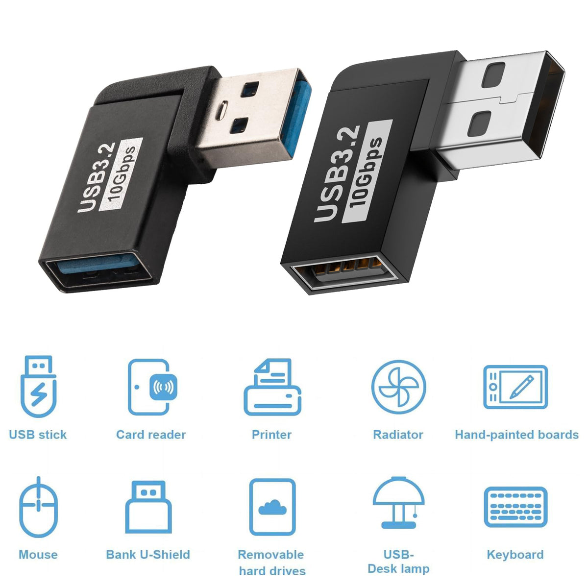 USB 3.2 Type A Male to Female 90 Degree Left Right Angle Adapter 10Gbps 5V 3A Extender for Laptop PC Hard Drive Hub Printer Scanner TV
