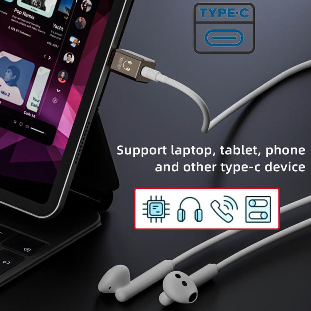 USB C to 3.5mm Audio Adapter DAC HiFi Headphone Jack Dongle KT02H20 32bit 384kHz Type C Aux Earphone Mic Converter for Laptop Tablet Phone