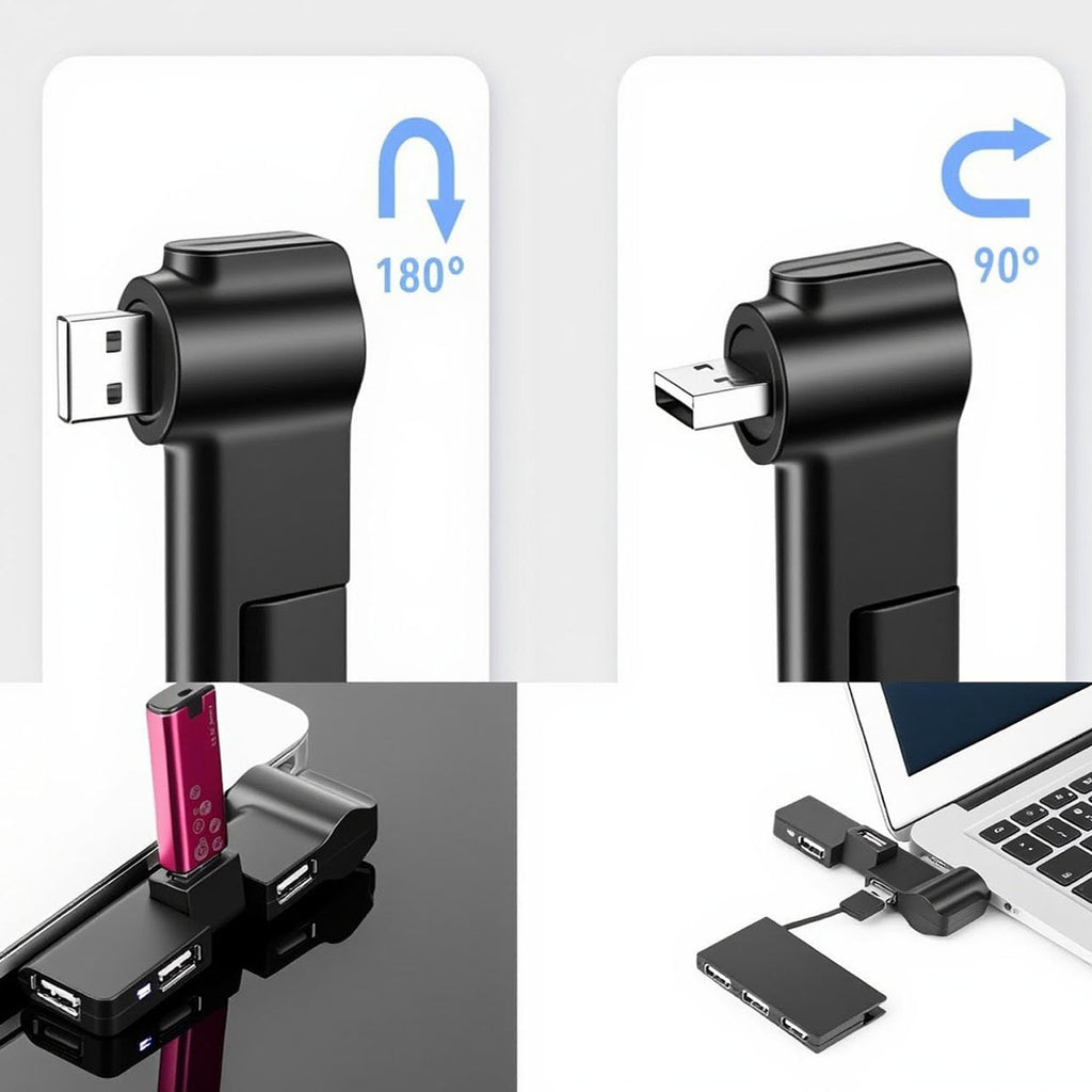 USB 2.0 Hub 4-Port 480Mbps, 90°/180° Rotatable, Plug & Play USB Splitter for Laptop, PC, Flash Drive, Keyboard, Mouse – Windows/Mac/Linux