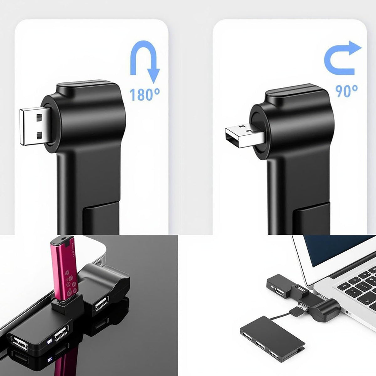 USB 2.0 Hub 4-Port 480Mbps, 90°/180° Rotatable, Plug & Play USB Splitter for Laptop, PC, Flash Drive, Keyboard, Mouse – Windows/Mac/Linux