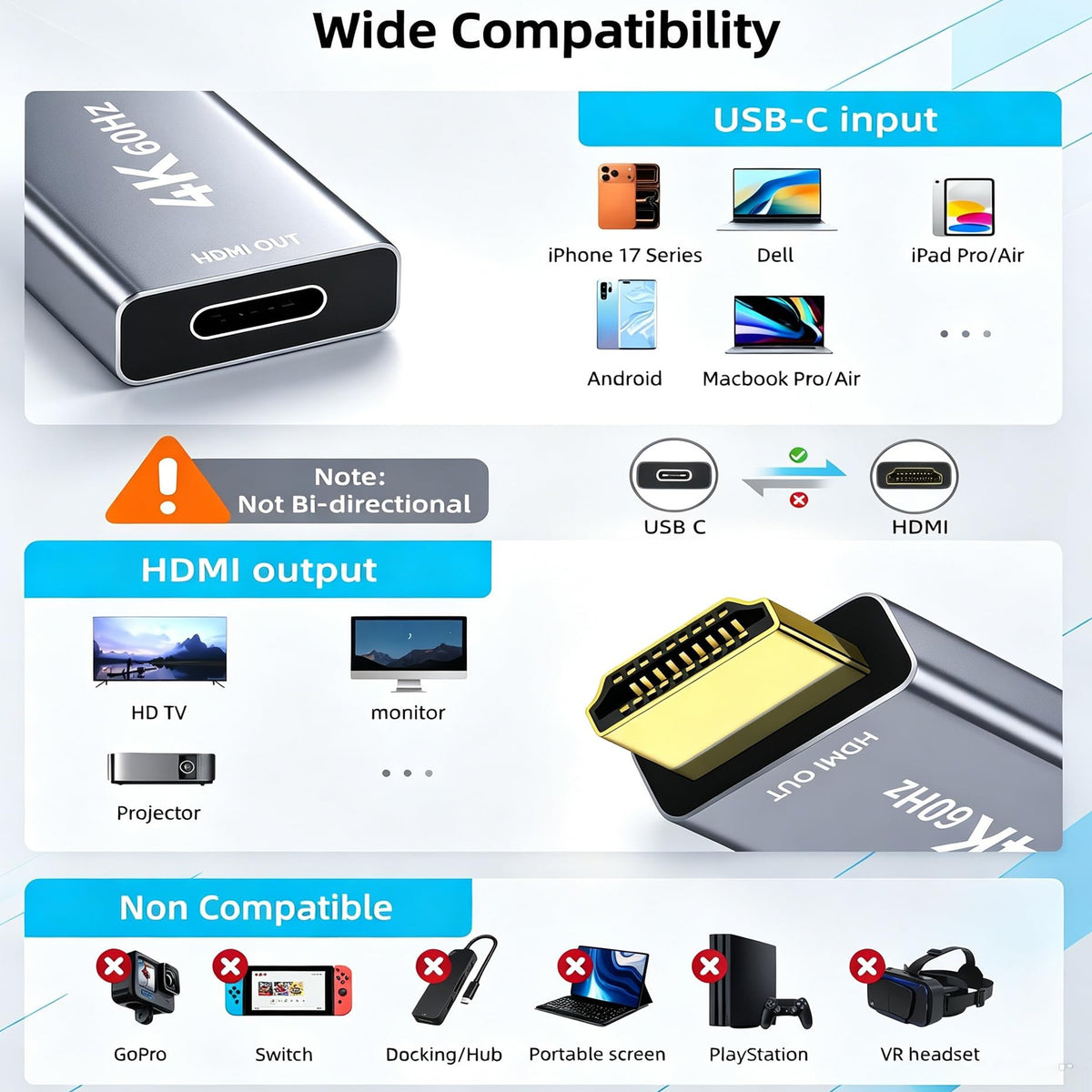 USB C Female to HDMI Compatible Male Adapter 4K 60Hz DP Alt Mode Thunderbolt 3 4 One Way Video Converter for iPhone 17 16 15 MacBook