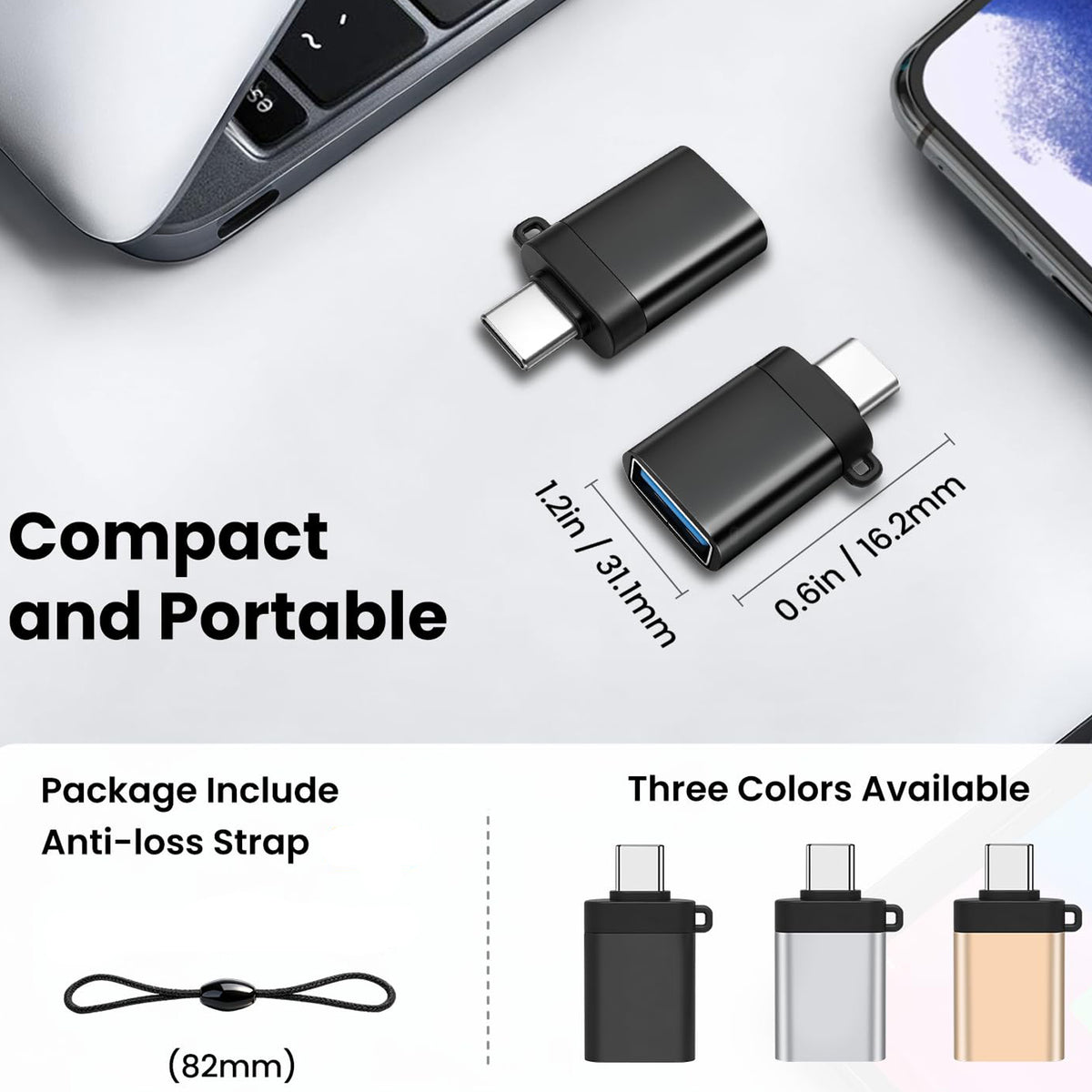 USB C Male to USB A Female Adapter USB 3.0 5Gbps OTG 5V 2A Charging Data Converter with Lanyard for Phone Tablet Laptop Mouse Keyboard Flash Drive